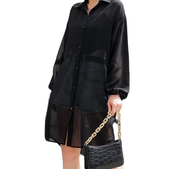 Zara Black Button Down Duster with Flower Stitch Print Size S - Picture 3 of 7